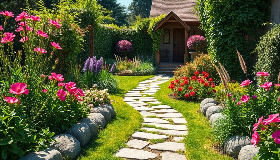 Lush garden with stone path and flowers in serene backyard.