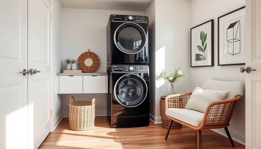 Trends in laundry appliances for 2025: sleek stacked units in modern room.