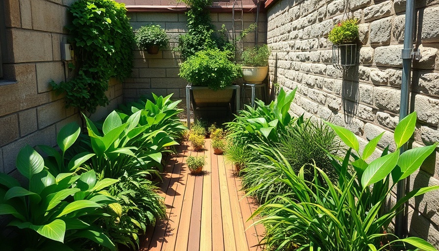 Lush urban gardening space with vibrant plants and wooden deck