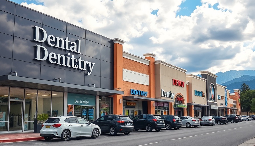 Dentists in malls display with modern storefront and cloudy backdrop.