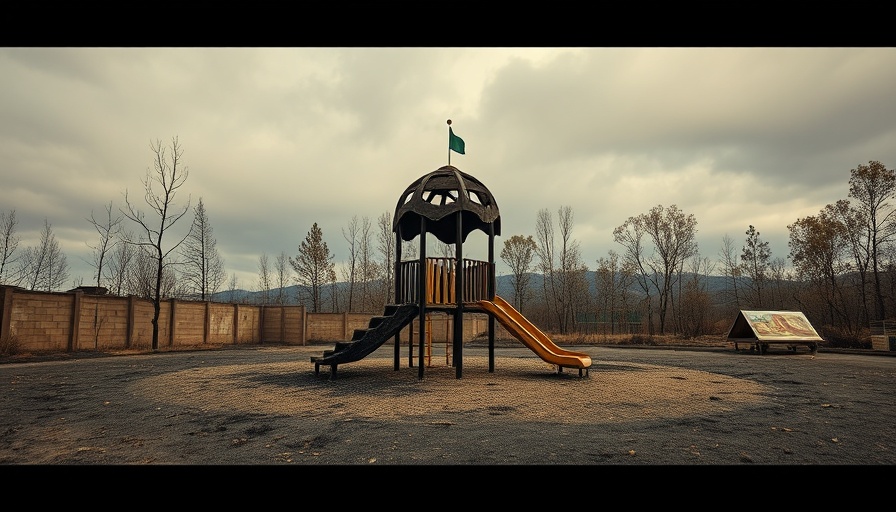 Burned playground reflecting wildfire impact and building code considerations.