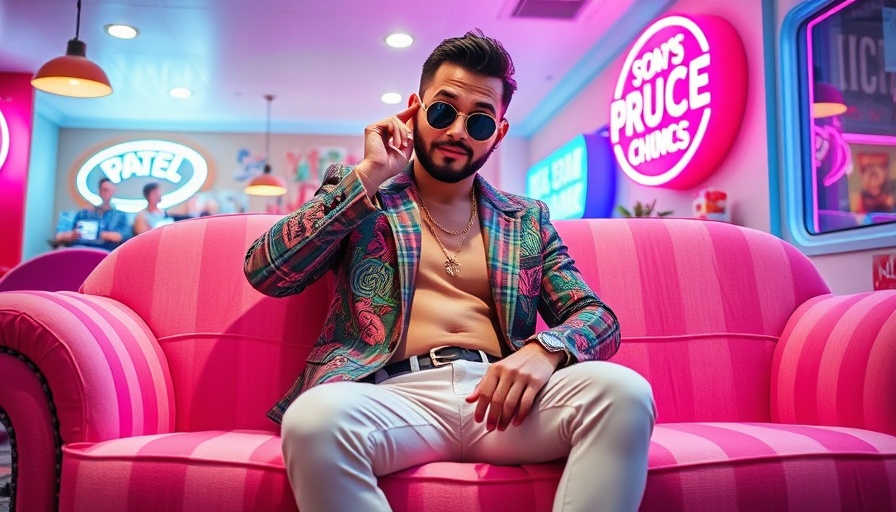 Man seated on pink striped couch in experiential retail setting in California.