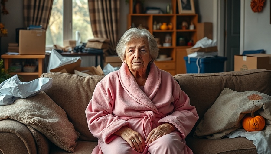 Older woman in cluttered room highlights California homelessness crisis.
