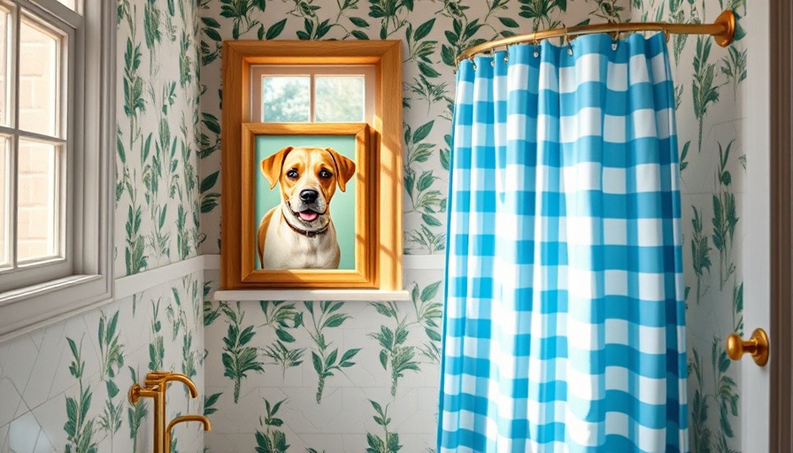 Vintage bathroom decor with leafy wallpaper and dog painting