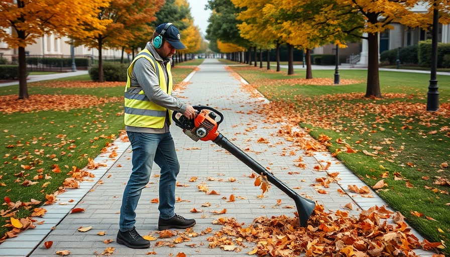 Worker using gas-powered leaf blower in park amid Cambridge gas-powered leaf blower ban debate.