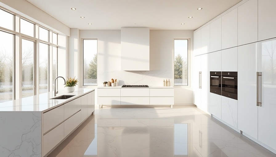 Sleek modern kitchen with marble countertops and wood accents.