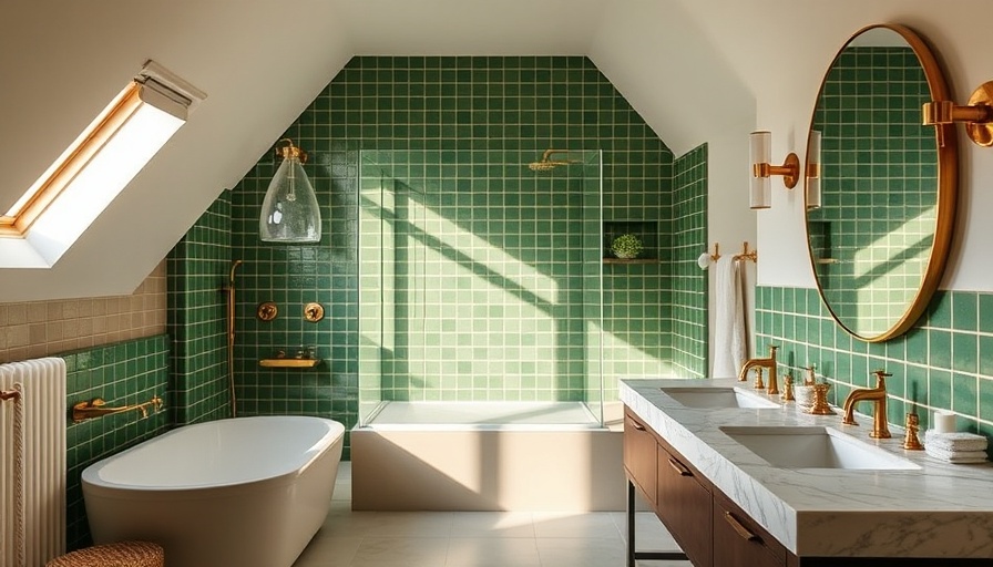 Modern attic bathroom transformation with green tiles and gold fixtures