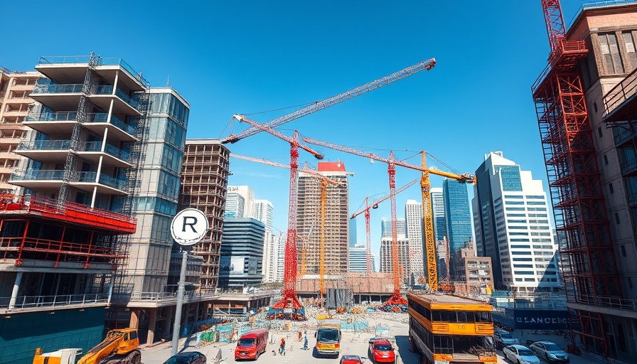 Modern construction site with cranes and buildings, promoting reduction of building and construction emissions.