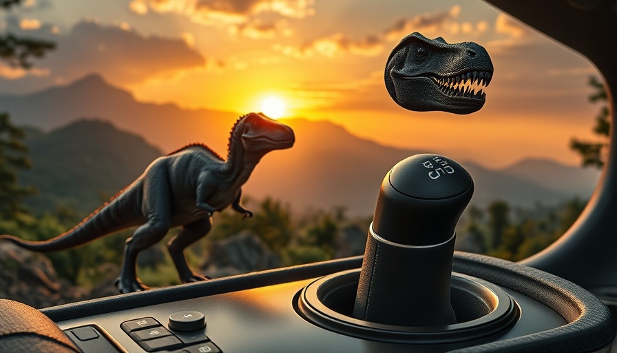 Manual transmissions decline: Dinosaur and gear shift knob in prehistoric scene.