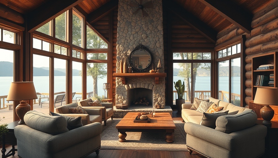 Cozy lakeside home interior with stone fireplace and large windows.