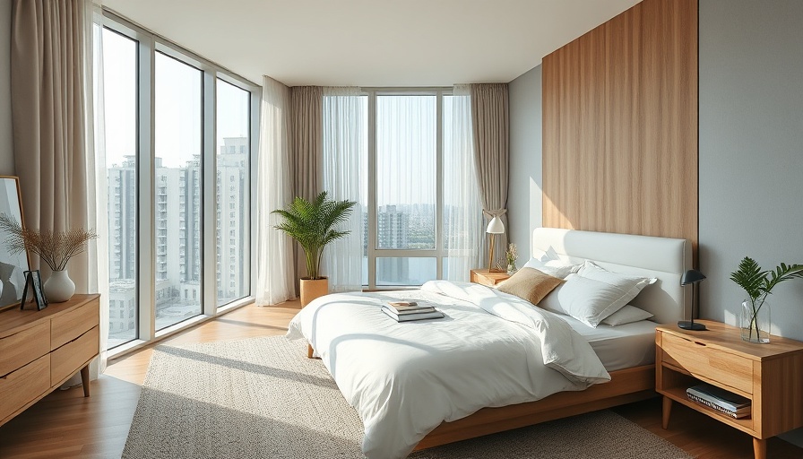 Organized bedroom with made bed and natural light.