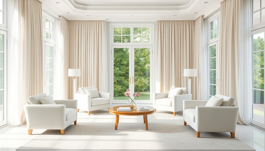 Elegant California homes window treatments, bright living room.