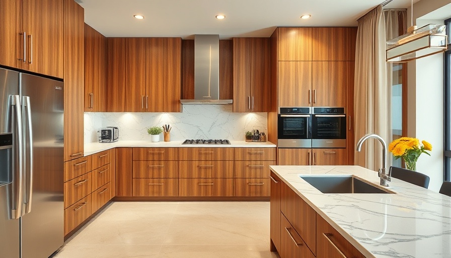 Stylish California kitchen with wooden cabinets and marble countertop.