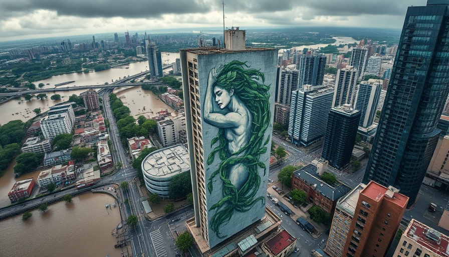Aerial view of urban flooding in 2024 with large mural, cloudy sky.