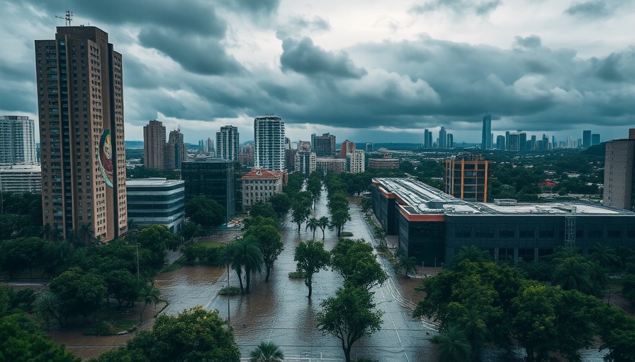 Aerial view of flooded city highlighting climate change impacts in California.