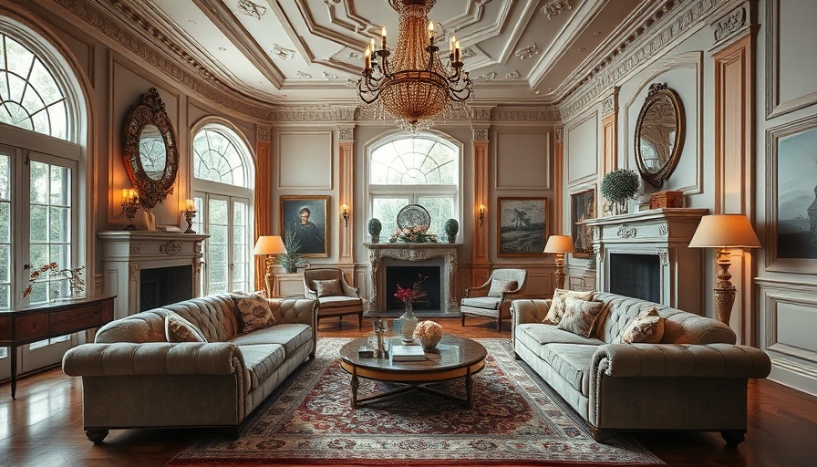 Elegant California living room with plush sofas and chandelier.