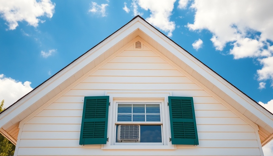 House with window air conditioner and green shutters under blue sky
