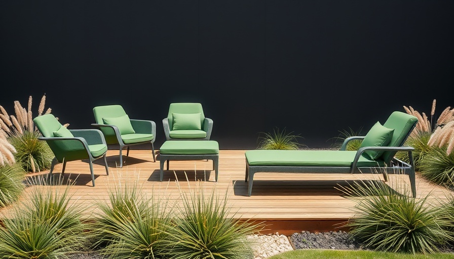 Modern green outdoor patio set on wooden deck with grasses.