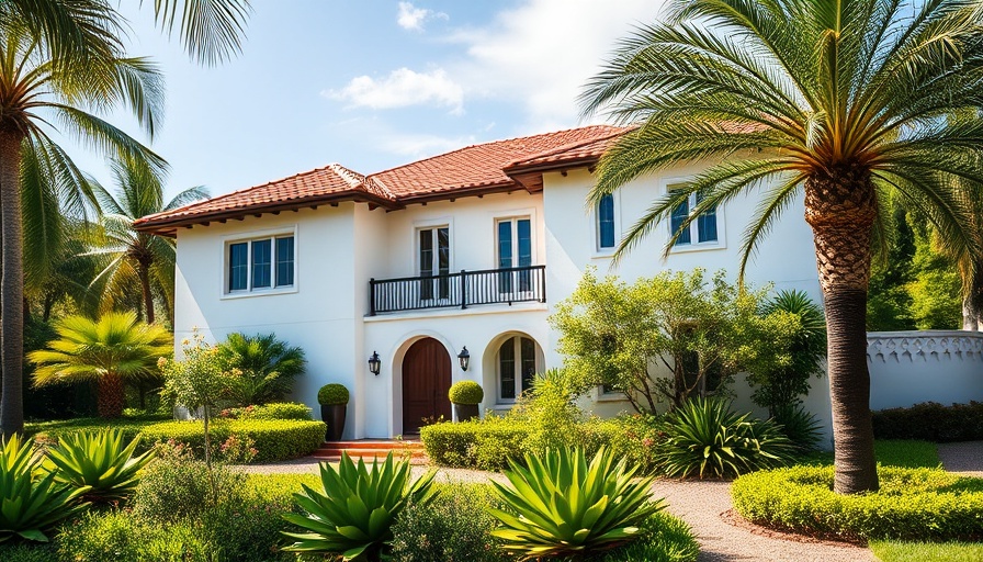 Mediterranean-style California home with lush greenery.