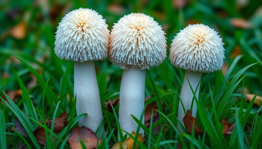 Three shaggy ink cap mushrooms growing in grass