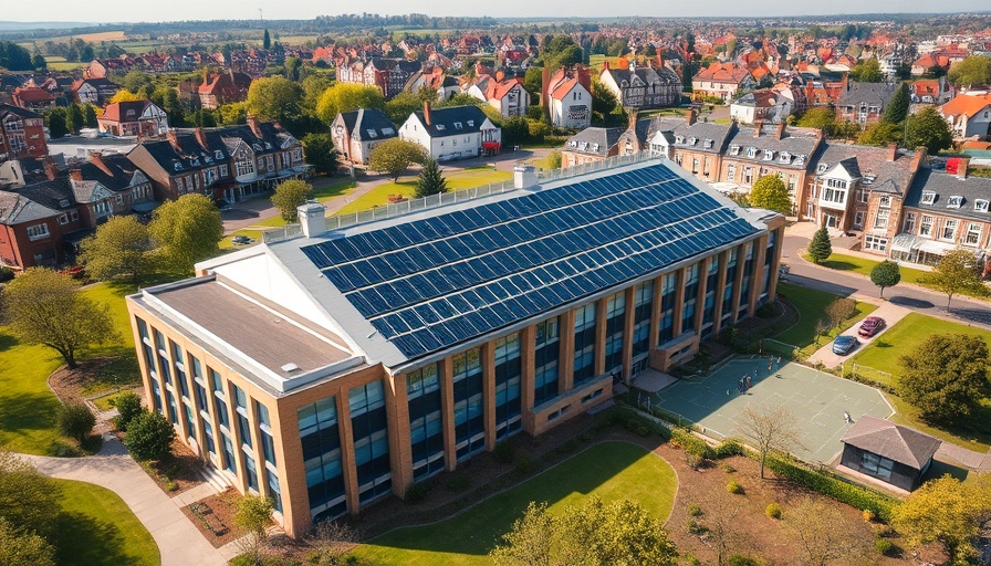 UK investment in solar energy for schools, aerial view of solar panels on building.