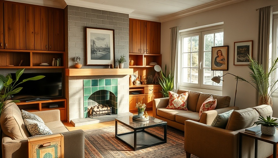 Cozy modern living room with green tile fireplace.