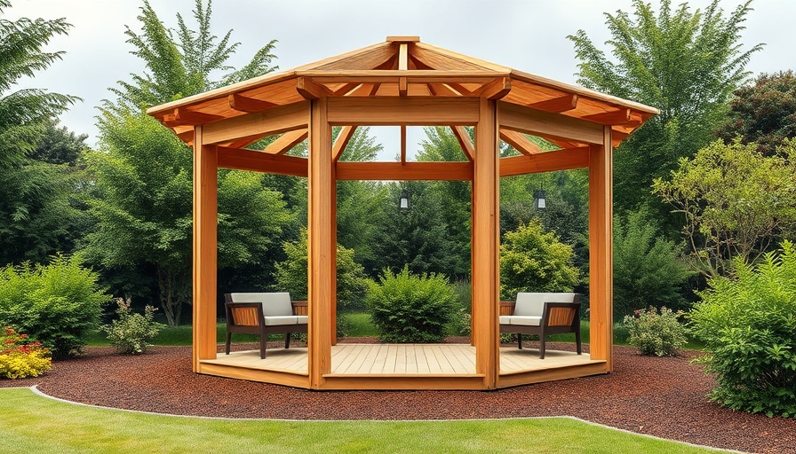 A modern gazebo surrounded by lush greenery, illustrating how to build a modern gazebo.