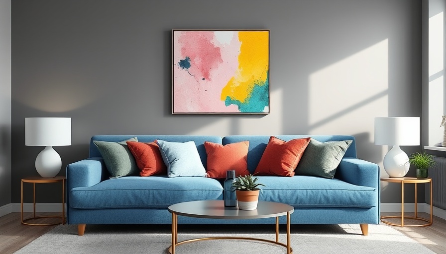 California homes interior with blue sofa and vibrant artwork.