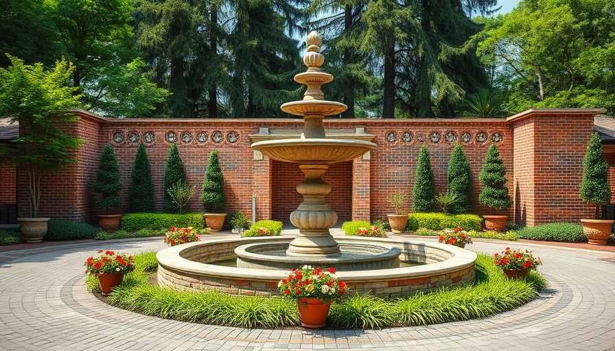 Elegant stone fountain in vibrant garden setting with greenery.