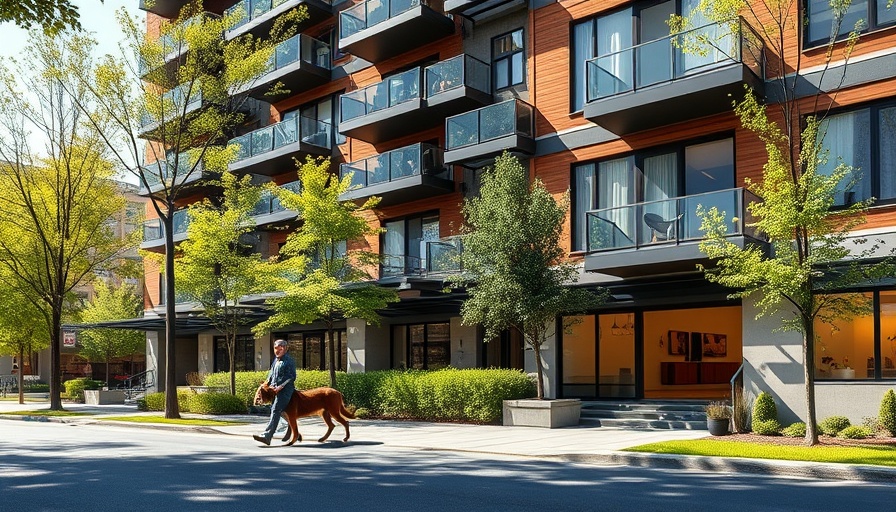 Modern apartment complex in Woodland Hills with a person and dog