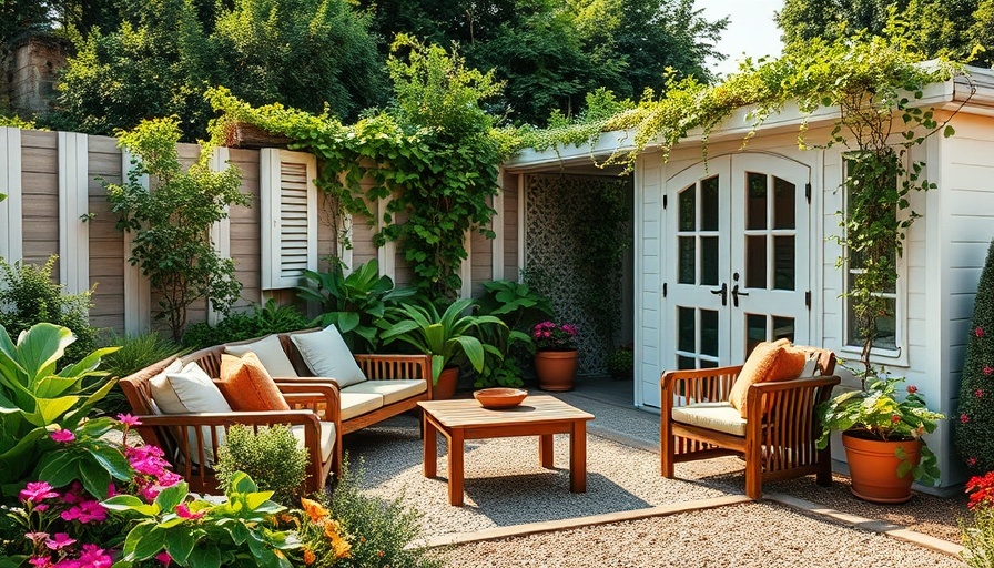 Charming outdoor storage options with elegant seating and lush greenery.