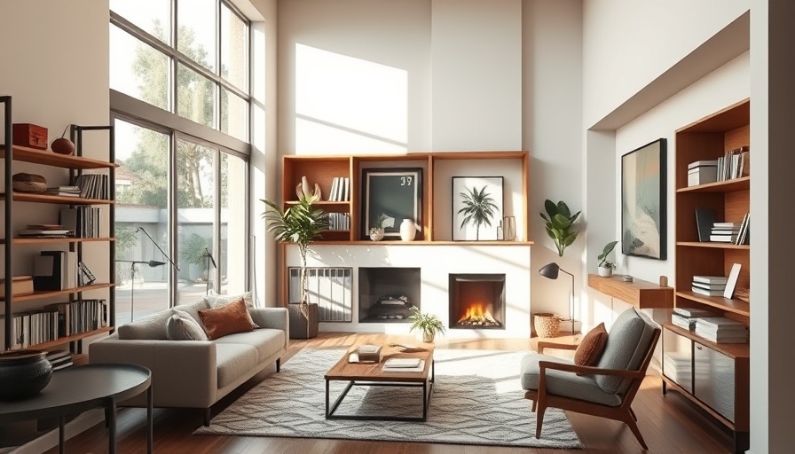 Modern California home office with fireplace and bookshelves.
