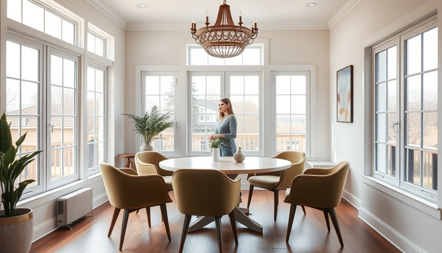 Cozy breakfast nook interior design, woman standing nearby.