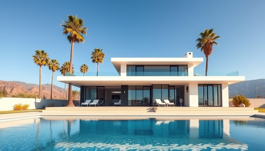 Modern house with pool and mountain landscape.