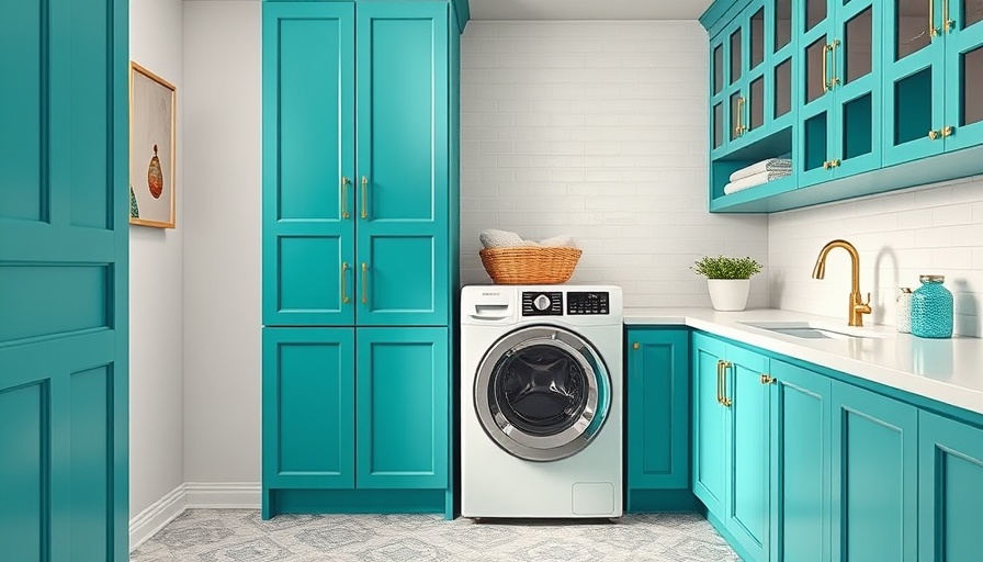 Modern laundry room design with teal cabinets and washer-dryer.