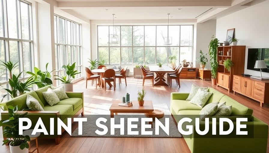 Paint sheen guide displayed over modern living room with natural light.