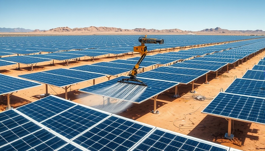 Global electricity production renewable energy 2024: Solar panels being cleaned at a large solar farm.