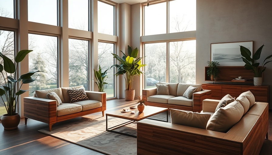 Stylish living room with wood veneer furniture and natural lighting.
