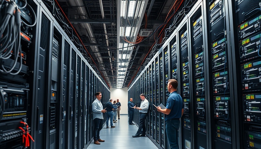 Data center workers inspecting servers, highlighting electricity demand.