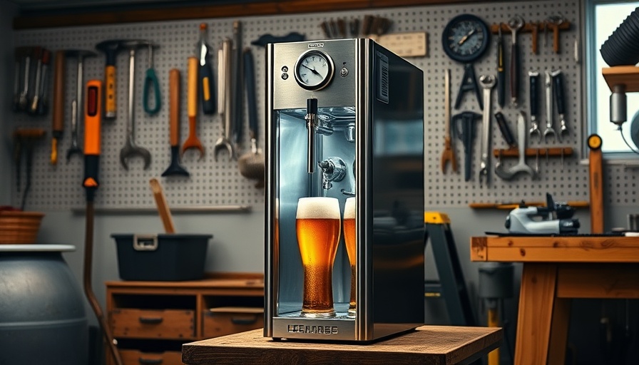 DIY kegerator in workshop with tools and beer