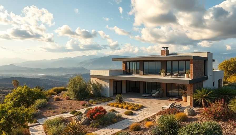 Modern California home with mountain and garden view.