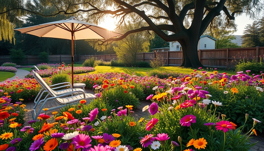 Wildflower garden with patio chairs showcasing gardening trends 2025.
