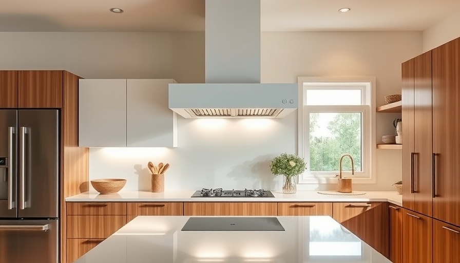Contemporary California kitchen with stylish range hood and cabinetry.