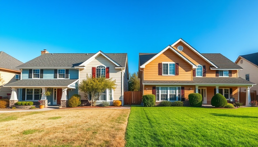 Comparison of two lawns: patchy vs. lush green, suburban homes.