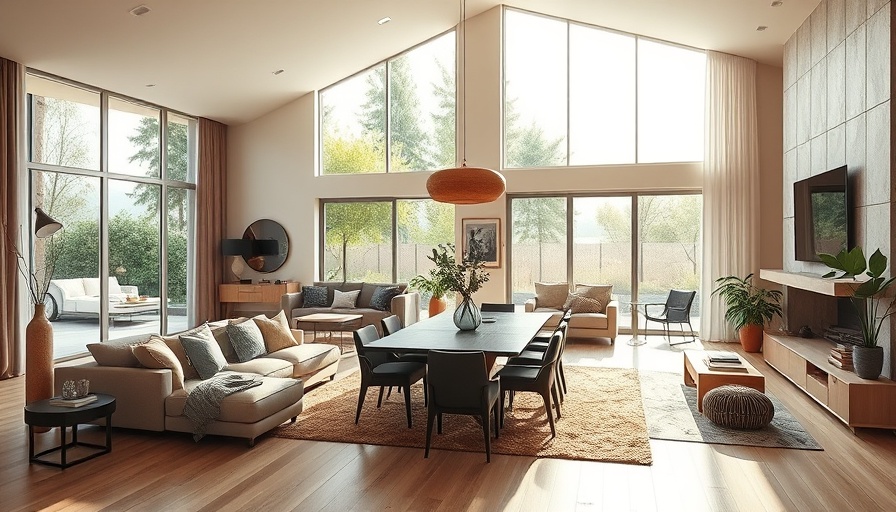 Modern living room in a California home with nature views.