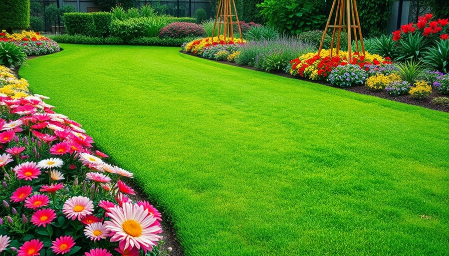 Lush green lawn with colorful flowers for California lawn care tips.