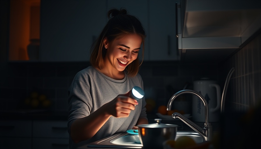 Woman managing during planned blackouts, using flashlight in kitchen.