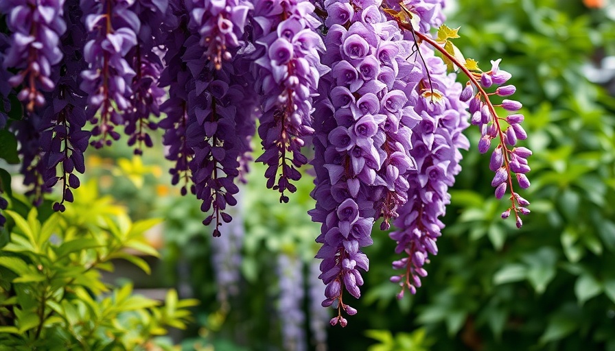Lush purple wisteria on a trellis amidst greenery, ideal for California landscaping.