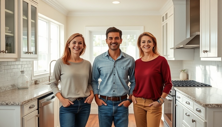 Builder-grade kitchen renovation with people smiling and relaxed.