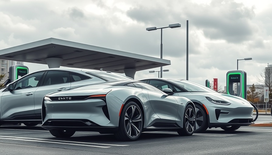 Modern electric cars charging in a row at a station under a cloudy sky, highlighting electric vehicle benefits.